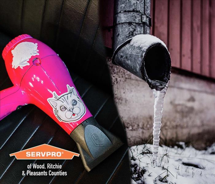 a bright pink hair dryer and a frozen drain pipe with frozen water coming out of it